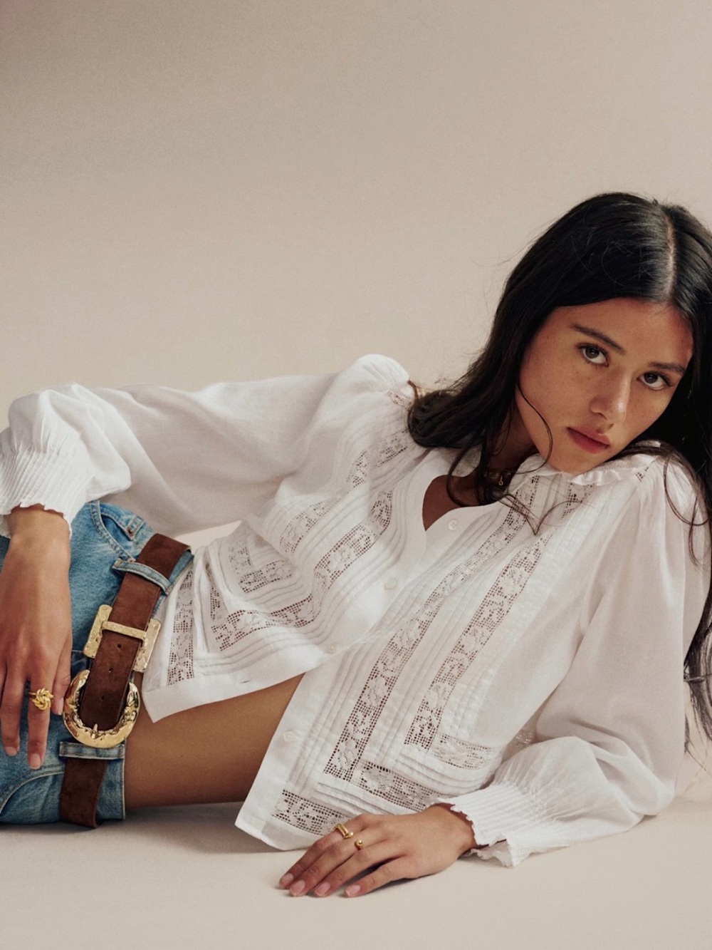 Sezane Eloise White Lace Shirt/Blouse
